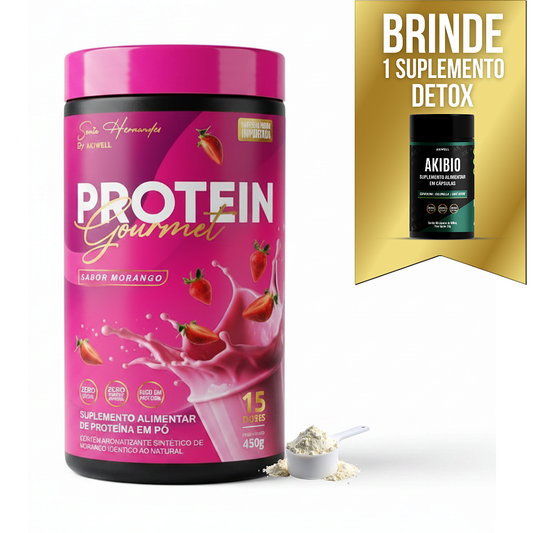 Protein Gourmet Sabor Morango 450g + BRINDE 01 AKIBIO